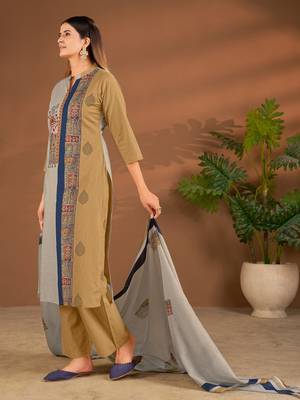 Khaki cotton printed hand embroidery kurta set with dupatta 2