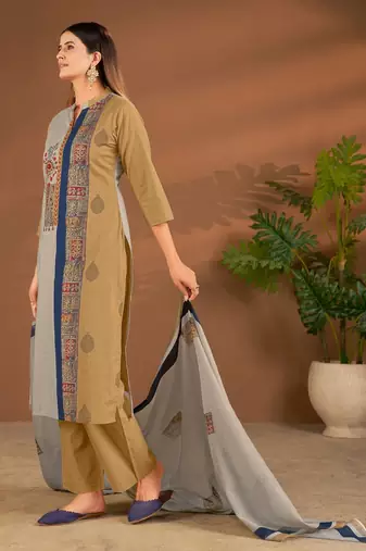 Khaki cotton printed hand embroidery kurta set with dupatta