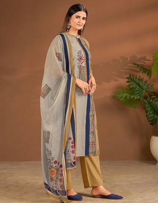 Khaki cotton printed hand embroidery kurta set with dupatta 3