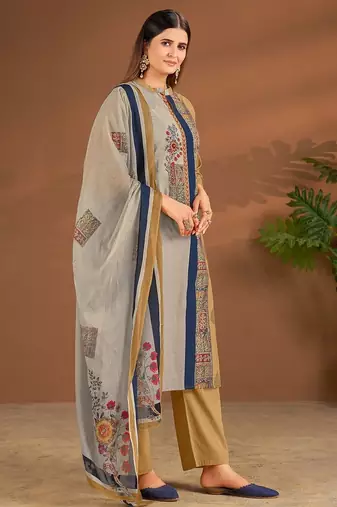 Khaki cotton printed hand embroidery kurta set with dupatta