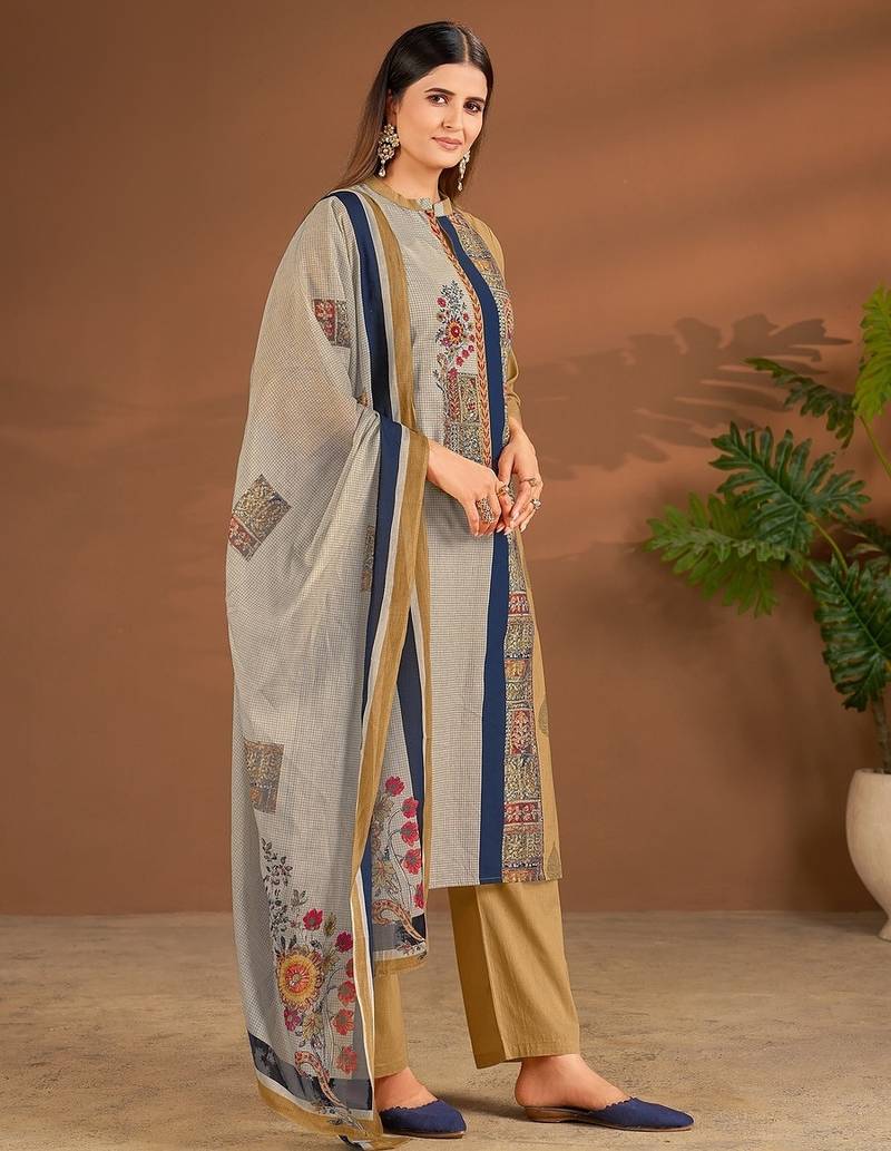 Khaki cotton printed hand embroidery kurta set with dupatta