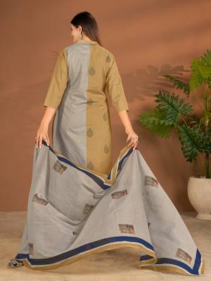 Khaki cotton printed hand embroidery kurta set with dupatta 4