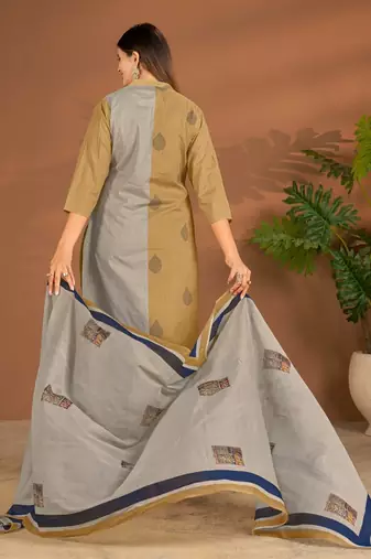 Khaki cotton printed hand embroidery kurta set with dupatta