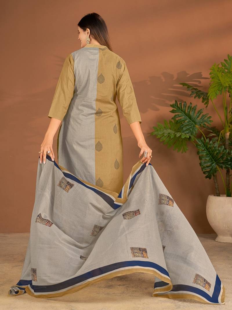 Khaki cotton printed hand embroidery kurta set with dupatta