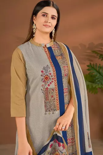 Khaki cotton printed hand embroidery kurta set with dupatta