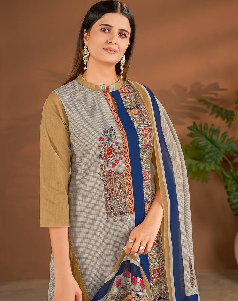 Khaki cotton printed hand embroidery kurta set with dupatta