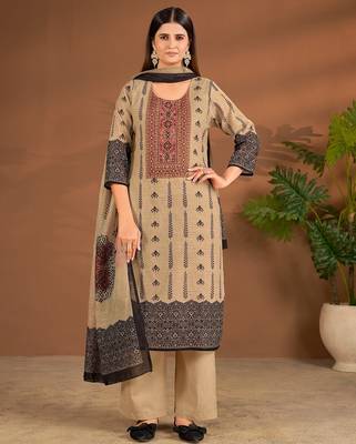 Khaki linen printed hand embroidery kurta set with dupatta 1