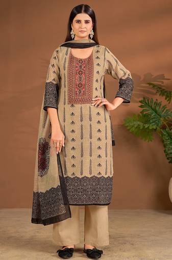 Khaki linen printed hand embroidery kurta set with dupatta