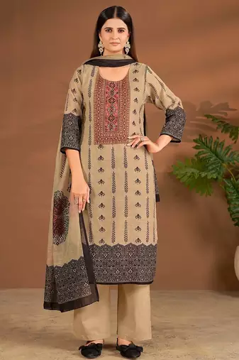 Khaki linen printed hand embroidery kurta set with dupatta