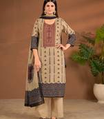 Khaki linen printed hand embroidery kurta set with dupatta