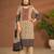 Khaki linen printed hand embroidery kurta set with dupatta