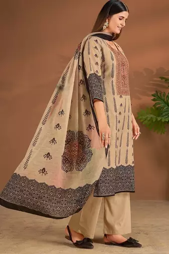 Khaki linen printed hand embroidery kurta set with dupatta