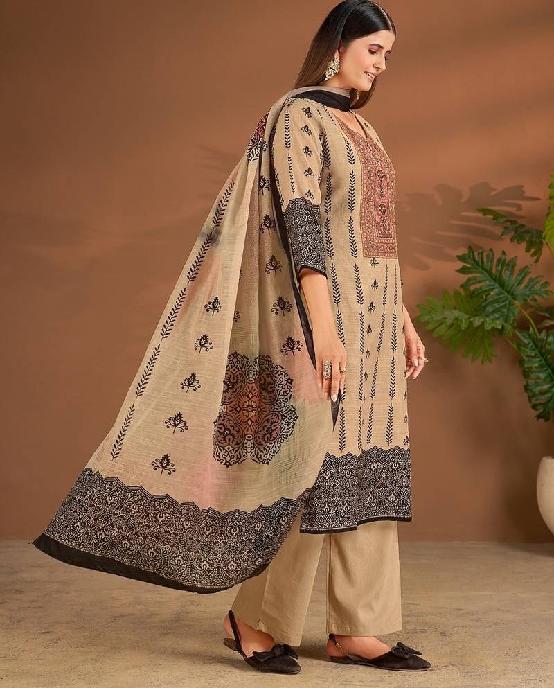 Khaki linen printed hand embroidery kurta set with dupatta