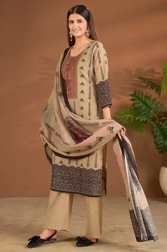 Khaki linen printed hand embroidery kurta set with dupatta