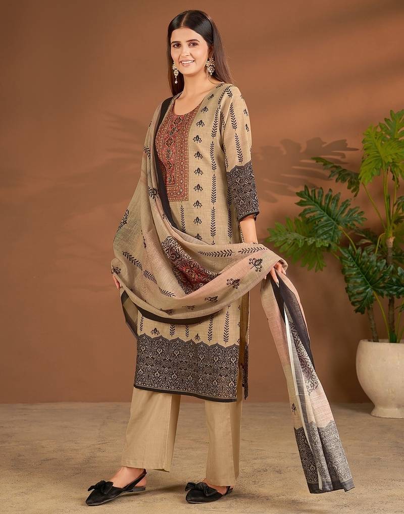 Khaki linen printed hand embroidery kurta set with dupatta