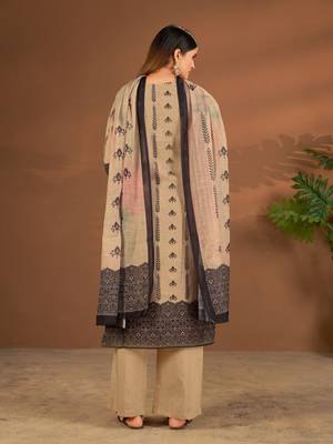 Khaki linen printed hand embroidery kurta set with dupatta 4