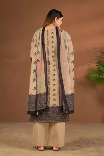 Khaki linen printed hand embroidery kurta set with dupatta