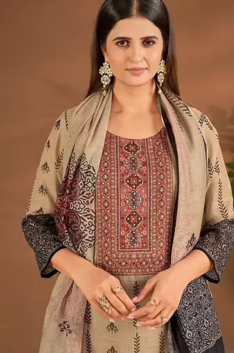 Khaki linen printed hand embroidery kurta set with dupatta