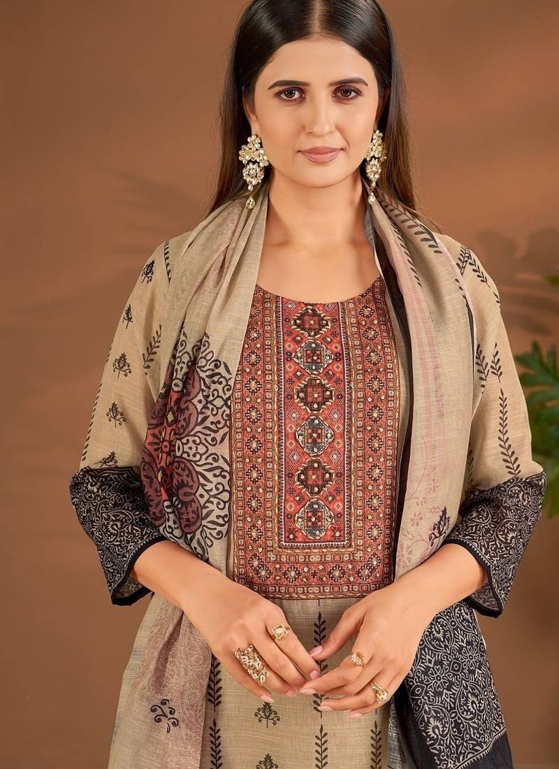Khaki linen printed hand embroidery kurta set with dupatta