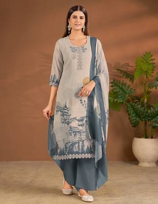 Grey cotton printed hand embroidery kurta set with dupatta 1