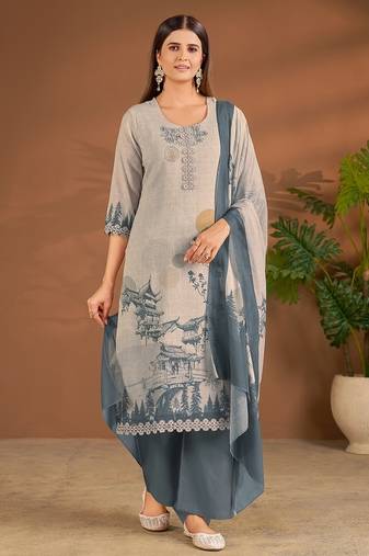 Grey cotton printed hand embroidery kurta set with dupatta