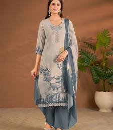 Grey cotton printed hand embroidery kurta set with dupatta
