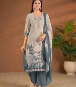 Grey cotton printed hand embroidery kurta set with dupatta