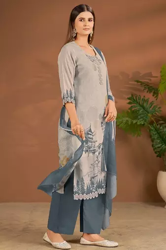 Grey cotton printed hand embroidery kurta set with dupatta