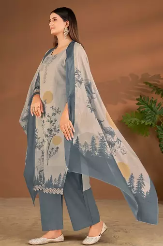 Grey cotton printed hand embroidery kurta set with dupatta