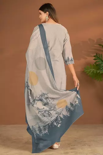 Grey cotton printed hand embroidery kurta set with dupatta