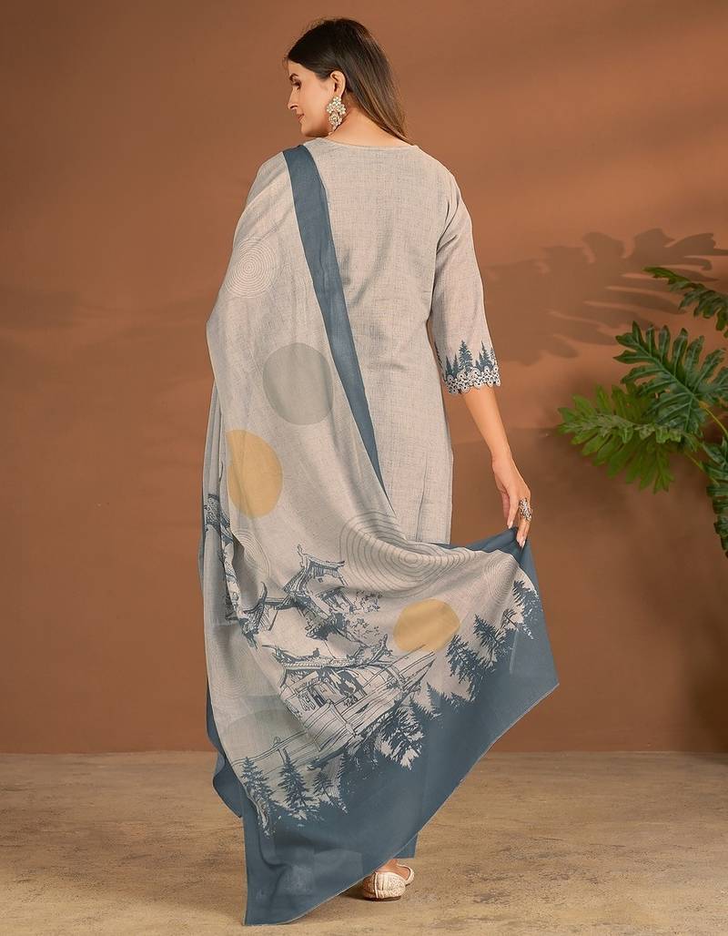 Grey cotton printed hand embroidery kurta set with dupatta