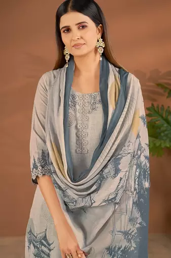Grey cotton printed hand embroidery kurta set with dupatta