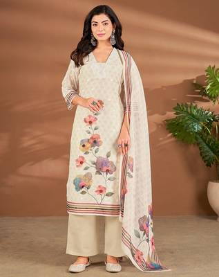 Cream linen printed hand embroidery kurta set with dupatta 1