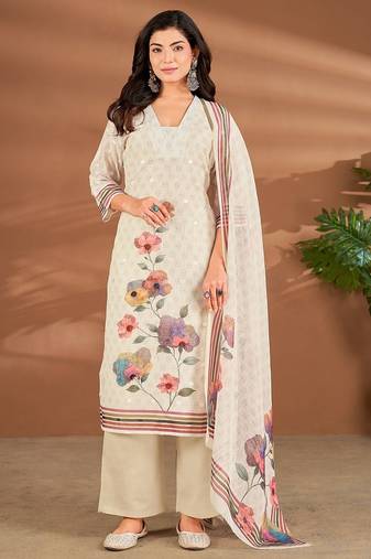 Cream linen printed hand embroidery kurta set with dupatta