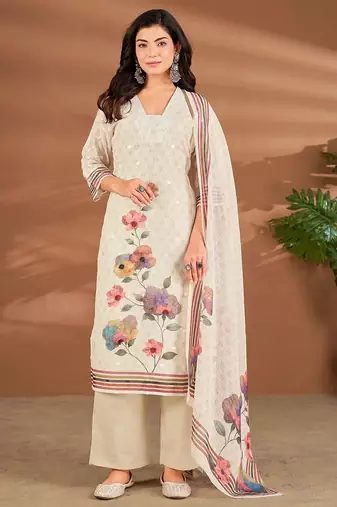 Cream linen printed hand embroidery kurta set with dupatta