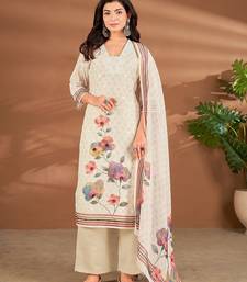 Cream linen printed hand embroidery kurta set with dupatta