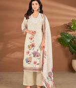 Cream linen printed hand embroidery kurta set with dupatta