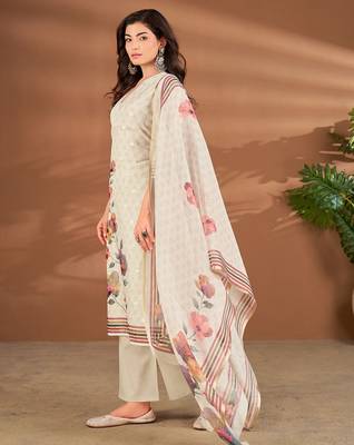 Cream linen printed hand embroidery kurta set with dupatta 2
