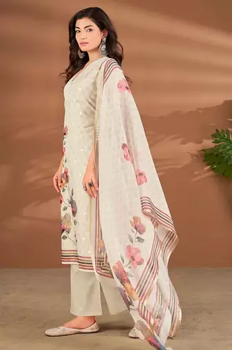 Cream linen printed hand embroidery kurta set with dupatta