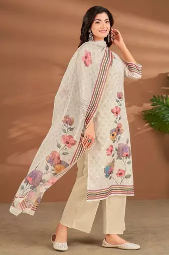 Cream linen printed hand embroidery kurta set with dupatta