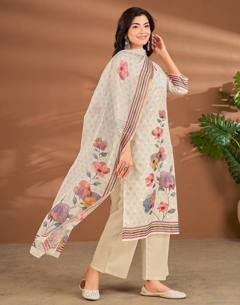 Cream linen printed hand embroidery kurta set with dupatta