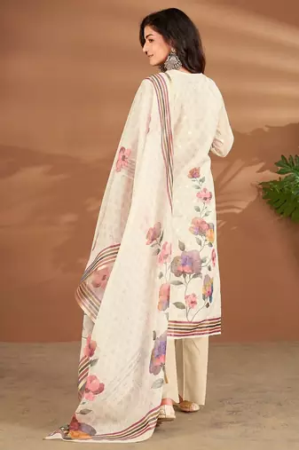 Cream linen printed hand embroidery kurta set with dupatta