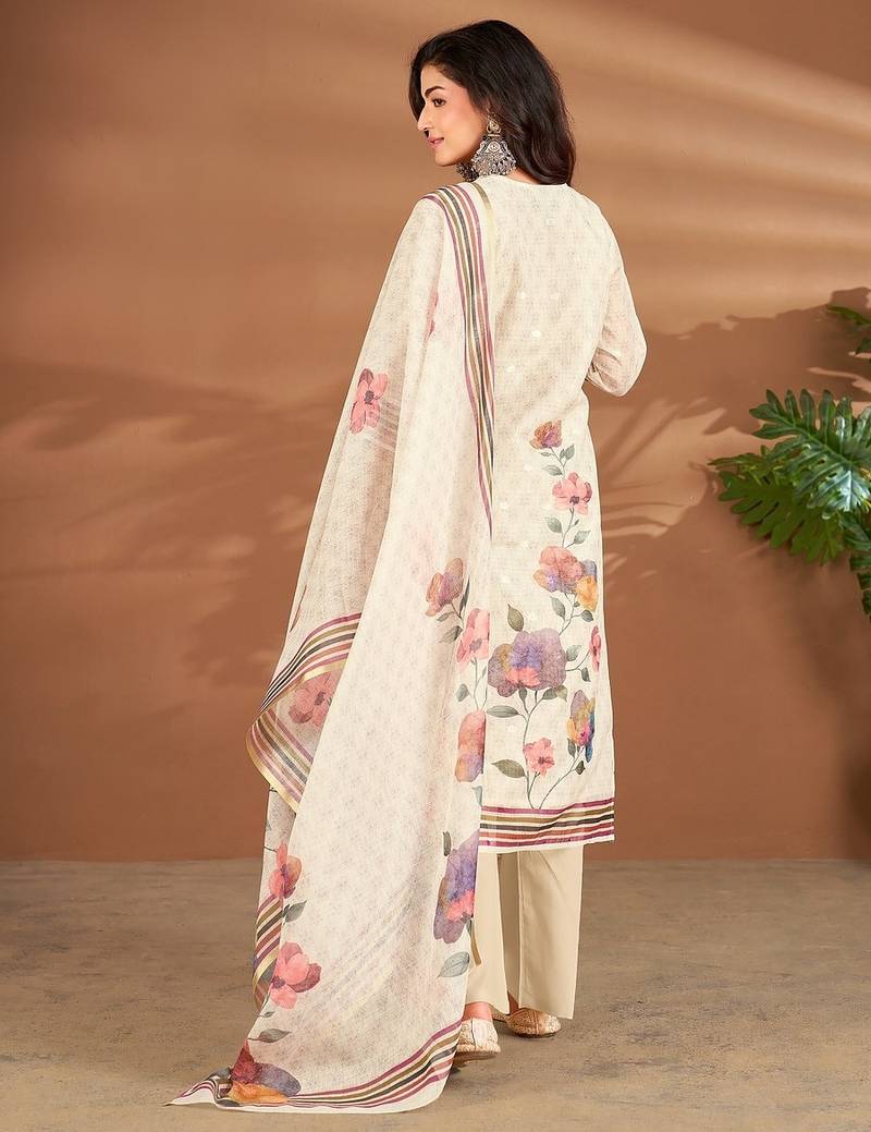 Cream linen printed hand embroidery kurta set with dupatta