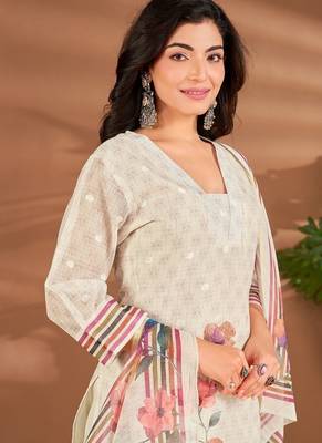 Cream linen printed hand embroidery kurta set with dupatta 5