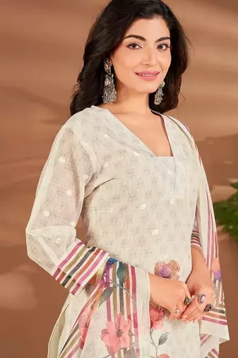 Cream linen printed hand embroidery kurta set with dupatta