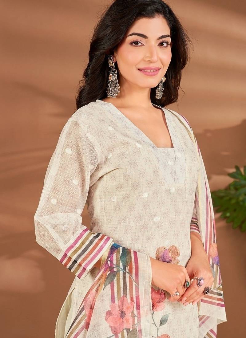 Cream linen printed hand embroidery kurta set with dupatta