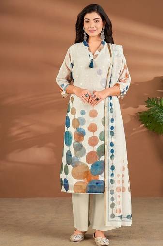 White linen printed hand embroidery kurta set with dupatta