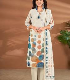 White linen printed hand embroidery kurta set with dupatta