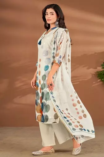 White linen printed hand embroidery kurta set with dupatta