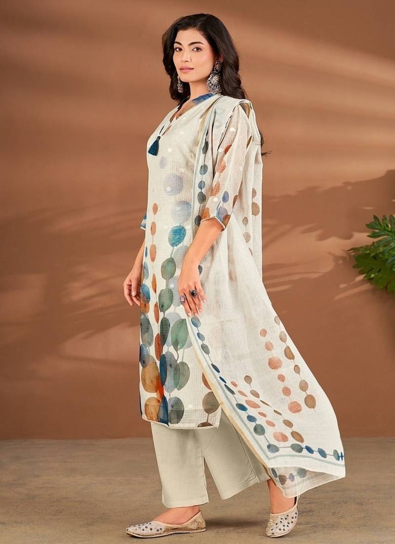 White linen printed hand embroidery kurta set with dupatta